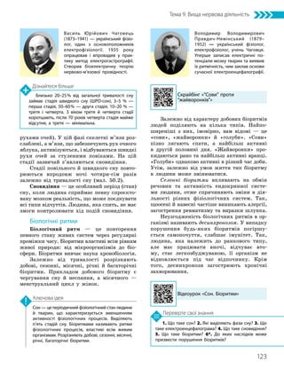 123
Тема 9. Вища нервова діяльність
1. Що таке сон? 2. Які виділяють фази сну? 3. Що
таке електроенцефалограма? 4. Що таке сновидіння?
5. Що таке біоритми? 6*. До яких наслідків може
призвести порушення біоритмів?
Перевірте свої знання
Сон — це періодичний фізіологічний стан людини
й тварин, що характеризується зменшенням
активності фізіологічних процесів. Виділяють
п’ять стадій сну. Біоритмами називають ритми
фізіологічних процесів, властиві всім живим
організмам. Розрізняють добові, сезонні, місячні,
річні, багаторічні біоритми.
Ключова ідея
рухами очей). У цій фазі скелетні м’язи роз-
слаблені, а м’язи, що забезпечують рух очного
яблука, активізуються, і відбуваються швидкі
рухи очей за стуленими повіками. На цій
стадії зазвичай з’являються сновидіння.
Стадії повільного й швидкого сну повто­
рюються впродовж ночі чотири-сім разів
залежно від тривалості сну (мал. 50.2).
Сновидіння — це особливий період (стан)
сну, коли людина сприймає певну спроєкто-
вану мозком реальність, що може поєднувати
всі типи відчуттів. Людина, яка спить, не має
змоги контролювати хід подій сновидіння.
Біологічні ритми
Біологічний ритм — це повторення
певного стану живих систем через регулярні
проміжки часу. Біоритми властиві всім рівням
живої природи: від мікроорганізмів до біо-
сфери. Біоритми вивчає наука хронобіологія.
Залежно від тривалості розрізняють
добові, сезонні, місячні, річні й багаторічні
біоритми. Прикладом добового біоритму є
чергування сну й неспання, а місячного —
менструальний цикл у жінок.
Залежно від характеру добових біоритмів
людей поділяють на кілька типів. Найпо-
ширеніші з них, імовірно, вам відомі — це
«сови», «жайворонки» й «голуби». «Сови»
пізно лягають спати, а найбільш активні
в другій половині дня. «Жайворонки» про-
кидаються рано та найбільш активні вранці.
«Голуби» однаково активні в різний час доби.
Утім, залежно від умов життя тип біоритму
в людини може змінюватися.
Сезонні біоритми впливають на обмін
речовин та активність ендокринної систе-
ми людини, отже спричиняють зміни в дія­
льності різних фізіологічних систем. Так,
щоосені й навесні частіше виникають алергії,
загострення ревматизму та виразки шлунка.
Неузгодженість біологічних ритмів в ор-
ганізмі називають десинхронозом. У випадку
порушення будь-яких біоритмів погіршу-
ється самопочуття, слабшає імунітет. Так,
людина, яка належить до ранкового типу,
але має працювати вночі, відчуває вто-
му, стає легкозбуджуваною, її організм не
відновлюється під час відпочинку. Крім
того, десинхронози загострюють хронічні
захворювання.
Відеоурок «Сон. Біоритми»
Скрайбінг «“Сови” проти
“жайворонків”»
Василь Юрійович Чаговець
(1873–1941) — український фізіо­
лог, один з основоположників
електрофізіології. 1935 року
опрацював і впровадив у прак­
тику метод електрогастрографії.
Створив біоелектричну теорію
нервово-м’язової провідності.
Володимир Володимирович
Правдич-Немінський (1879–
1952) — український фізіолог,
електрофізіолог, учень Чаговця.
Уперше записав електричні по­
тенціали мозку тварин та виявив
їх ритмічність, чим заклав основи
сучасної електроенцефалографії.
Дізнайтеся більше
Близько 20–25% від загальної тривалості сну
займає стадія швидкого сну (ШРО-сон), 3–5 % —
перша стадія, 50–60% — друга стадія, 10–20 % —
третя і четверта. З віком третя й четверта стадії
коротшають, після 70 років четверта стадія майже
відсутня, а третя — мінімальна.
 
