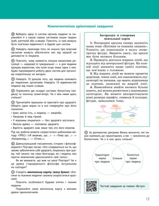 13
Вступ
1 Виберіть одну із систем органів людини та по­
рівняйте її з такою самою системою інших тварин
(риб, рептилій або ссавців). Поясніть, із чим можуть
бути пов’язані відмінності в будові цих систем.
2 Наведіть приклади того, як знання про власний
організм можуть убезпечити нас від хвороб чи
допомогти їх лікувати.
3 Поясніть, чому наявність кількох механізмів ре­
гуляції — нервової й гуморальної — є для людини
кращим варіантом, ніж коли існує лише одна з них.
Адже підтримувати роботу двох систем для організ­
му енергетично не вигідно.
4 Наведіть 10 доказів того, що людина належить
до тваринних організмів. Наведіть 10 відмінностей
людини від інших ссавців.
5 Порівняйте дві складні системи: біологічну (лю­
дину) та технічну (комп’ютер). Чи є між ними щось
спільне?
6 Прочитайте приказки та прислів’я про здоров’я.
Оберіть один вираз та в есе поміркуйте про його
значення.
• Іржа залізо їсть, а людину — хвороба.
• Хворому й мед гіркий.
• У ворожки лікуватися — без здоров’я зостатися.
• Весела думка — половина здоров’я.
• Вартість здоров’я знає лише той, хто його втратив.
Під час роботи можете скористатися шаблонами ме­
тоду «ПРЕС» («Я вважаю, що…» → «Тому що…» →
«Наприклад,..» → «Отже,..».
7 Давньогрецький письменник, історик і філософ-
мораліст Плутарх писав: «Хто сподівається на те, що
зможе забезпечити собі здоров’я, лінуючись при цьо­
му, той чинить так само безглуздо, як і людина, яка
прагне мовчанням удосконалити свій голос».
Як ви вважаєте, що мав на увазі Плутарх? Чи є
ця думка стародавнього філософа актуальною
на сьогодні?
8 Створіть ментальну карту (мапу думок) «Клі­
тини та тканини людини» (можна скористатися зраз­
ком).
Поясніть особливості будови клітин і тканин
людини.
Порівняйте свою ментальну карту з мапами
думок однокласників.
Компетентнісно орієнтовані завдання
Інструкція зі створення
ментальної карти
1. Посередині аркуша паперу напишіть
назву теми «Клітини та тканини людини».
Упишіть цю композицію в якусь геоме-
тричну фігуру. Зверніть увагу, що аркуш
має бути якомога більшим.
2. Проведіть декілька жирних ліній, що
відходять від центральної фігури. На кож-
ній лінії запишіть назву однієї підтеми,
що пов’язана з головною.
3. Від жирних ліній ви можете провести
додаткові, тонші лінії, які означатимуть під-
категорії чи питання, що мають відношення
до підтеми, записаної на жирній лінії.
4. Намагайтеся знайти якомога більше
понять, які можна розмістити у відповідних
категоріях. Ви можете використовувати
різні розміри шрифту, символи й кольори,
фігури, замальовки тощо.
9 За допомогою діаграми Венна визначте, які на­
уки належать до гуманітарних, а які — виключно до
біологічних. Чи є в них щось спільне?
Тестові завдання за темою «Вступ»
Спільне
Гуманітарні
науки
про людину
Біологічні
науки
про людину
 