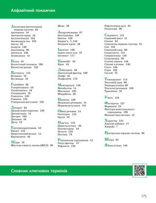 175
Практикум
Автономна (вегетативна)
нервова система 92
Авітаміноз 18
Автоматія серця 52
Акліматизація 164
Акомодація ока 102
Аксон 82
Алергія 139
Аналізатор 98
Антитіла 136
Асиміляція 14
Білки 16
Біологічний оптимум 160
Біологічні ритми 123
Вагітність 152
Вітаміни 16
Вуглеводи 16
Газообмін 36
Гіпервітаміноз 18
Гіповітаміноз 18
Гіподинамія 78
Гомеостаз 130
Гормони 132
Гуморальна регуляція 132
Дендрит 82
Динамічний стереотип 120
Дисиміляція 14
Дистрес 163
Дихання 34
Дієта 19
Електрокардіограма 53
Емоції 124
Енергетичний баланс 15
Еритроцити 46
Жири 16
Життєва ємність легень (ЖЄЛ) 39
Жовч 26
Загартовування 67
Запліднення 150
Звичка 120
Здоров’я 7, 142
Зсідання крові 46
Імунітет 136
Індекс маси тіла 18
Інстинкт 117
Кровообіг 48
Кров 45
Лейкоцити 46
Лімітуючий фактор 160
Лімфа 45
Лімфоцити 173
Менструація 149
Метаболізм 14
Мислення 120
Мікробіота 28
Навичка 120
Незамінні речовини 15
Нервова регуляція 131
Обмін речовин 14
Онтогенез 152
Орган 10
Пам’ять 119
Перистальтика 26
Плазма крові 44
Пологи 153
Постава 79
Раціональне харчування 15
Резус-фактор 47
Рефлекси 116
Рефлекторна дуга 84
Рецептори 99
Свідомість 121
Серцевий цикл 51
Синапс 82
Соматична нервова система 91
Сон 122
Сонячний удар 66
Спадковість 151
Сперматозоїд 148
Спірометрія 39
Статеві ознаки 146
Статеві клітини 148
Стать 146
Стрес 162
Суглоб 72
Темперамент 114
Тепловий удар 66
Терморегуляція 66
Токсичні речовини 126
Травлення 22
Увага 124
Фагоцитоз 137
Ферменти 24
Фактори навколишнього
середовища 160
Фізіологічна система 10
Характер 125
Харчові добавки 17
Хвороба 7
Центральна нервова система 86
Шкіра 64
Яйцеклітина 148
Алфавітний покажчик
Словник ключових термінів
 