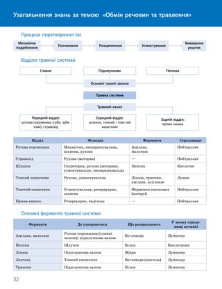 32
Тема 2. Обмін речовин та травлення
Узагальнення знань за темою «Обмін речовин та травлення»
Процеси перетворення їжі
Механічне
подрібнення
Розчинення Розщеплення Усмоктування
Виведення
решток
Відділи травної системи
Відділ Функція Ферменти Середовище
Ротова порожнина Механічна, знезаражувальна,
захисна, рухова
Амілаза,
мальтаза
Нейтральне
Стравохід Рухова (моторна) — Нейтральне
Шлунок Секреторна, рухова (моторна),
усмоктувальна, знезаражувальна
Пепсин Кислотне
Тонкий кишечник Рухова, усмоктувальна Ліпаза, трипсин,
амілаза, нуклеази
Лужне
Товстий кишечник Усмоктувальна, резервуарна,
захисна
Ферменти кишкових
бактерій
Нейтральне
Пряма кишка Резервуарна, видільна — Нейтральне
Основні ферменти травної системи
Ферменти Де утворюються Що розщеплюють
У якому середо
­
вищі активні
Амілаза, мальтаза
Ротова порожнина (слинні
залози), підшлункова залоза
Вуглеводи Лужному
Пепсин Шлунок Білки Кислотному
Ліпаза Підшлункова залоза Жири Лужному
Лактаза Тонкий кишечник Вуглеводи (лактоза) Лужному
Трипсин Підшлункова залоза Білки Лужному
Травна система
Основні травні залози
Підшлункова Печінка
Слинні
Середній відділ:
шлунок, тонкий і товстий
кишечник
Задній відділ:
пряма кишка
Передній відділ:
ротова порожнина (губи, зуби,
язик), стравохід
Травний канал
 