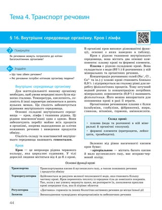 44
• Що таке обмін речовин?
•

Які речовини потрібні клітинам організму людини?
Згадайте
§ 16. Внутрішнє середовище організму. Кров і лімфа
Як речовини можуть потрапляти до клітин
багатоклітинних організмів?
Поміркуйте
Тема 4. Транспорт речовин
Основні функції крові
Транспортна Транспортування кисню й вуглекислого газу, а також поживних речовин
і продуктів обміну
Терморегуляторна Здійснюється за рахунок великої теплоємності води, яка становить більшу
частину крові. Кров переносить теплоту із середини тіла до зовнішніх покривів.
Так, коли у вас узимку мерзнуть щоки, ви розтираєте їх, посилюючи приплив
крові зсередини тіла, яка й зігріває обличчя
Регуляторна «Доставка» гормонів та інших біологічно активних речовин до місця їхньої дії
Захисна Знешкодження чужорідних мікроорганізмів та небезпечних речовин
Внутрішнє середовище організму
Для життєдіяльності нашому організму
необхідно, щоб умови всередині нього були від-
носно сталими. Температура, кислотність, со-
лоність й інші параметри змінюються в досить
вузьких межах. Ця сталість забезпечується
рідинами внутрішнього середовища.
Основні складові внутрішнього середо-
вища — кров, лімфа і тканинна рідина. Ці
рідини взаємопов’язані одна з одною. Вони
забезпечують перебіг майже всіх процесів
в організмі, зокрема надходження до клітин
поживних речовин і виведення продуктів
обміну.
Сталість складу та властивостей внутріш-
нього середовища називають гомео
­
стазом.
Кров
Кров — це непрозора рідина червоного
кольору, яка циркулює судинами. У тілі
дорослої людини міститься від 4 до 6 л крові.
В організмі кров виконує різноманітні функ-
ції, основні з яких наведено в таблиці.
Кров є рідкою тканиною внутрішнього
середовища, вона містить два основні ком-
поненти: плазму крові та формені елементи.
Плазма є рідкою складовою крові. Вона
складається з води (93%) й розчинених у ній
мінеральних та органічних речовин.
Концентрація розчинених солей (Na+
, Cl–
,
Ca2+
та ін.) у плазмі крові становить близько
0,9% і підтримується на сталому рівні для пе-
ребігу фізіологічних процесів. Тому штучний
водний розчин із концентрацією потрібних
мінеральних компонентів (0,9%) називають
фізіологічним. Його можна використати для
поповнення крові в разі її втрати.
Органічними речовинами плазми є білки
(альбуміни, глобуліни, фібриноген), жири,
глюкоза, вітаміни, гормони, амінокислоти.
Склад крові:
• плазма (вода та розчинені в ній міне-
ральні й органічні сполуки);
• формені елементи (еритроцити, лейко-
цити, тромбоцити).
Залежно від рівня насиченості киснем
кров буває:
•артеріальною — містить багато кисню
й мало вуглекислого газу, має яскраво-чер-
воний колір;
 