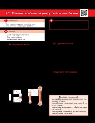 78
Тема 6. Опора та рух
• Склад опорно
-
рухової системи
• Типи тканин людини
• Будову трубчастих кісток
Згадайте
§ 31. Розвиток і проблеми опорно-рухової системи. Постава
Чому недостатня рухова активність може
мати негативні наслідки для здоров’я?
Поміркуйте
Ріст і розвиток кісток
У новонародженої дитини скелет утворе-
ний переважно хрящами. Ріст і скостеніння
кісток відбуваються в дитячому й підлітко-
вому віці (мал. 31.1).
У довжину кістки ростуть за рахунок по-
ділу клітин хряща в середині кістки, а в тов-
щину — за рахунок діяльності клітин окістя.
Ріст кісток у довжину припиняється
у 22–24 роки. На цей момент усі хрящі, за
рахунок яких відбувався ріст, замінюються
кістковою тканиною.
Після завершення росту поділ клітин
у кістках не припиняється. Процеси руйну-
вання клітин старої кісткової речовини та
заміни їх новими тривають усе життя. Саме
завдяки їм можливе зрощування й віднов-
лення кісток після переломів. Окрім цього,
такі процеси необхідні для пристосування
кісток до навантажень, під упливом яких
внутрішня структура кістки перебудовується.
Ось чому кістки в людини, яка веде мало
­
рухливий спосіб життя, відрізняються від
кісток спортсмена.
Ріст і розвиток м’язів
Ріст м’язів у людини відбувається майже
рівномірно, за винятком періоду 12–16 років,
коли інтенсивність росту найбільша. Через це
рухи підлітків здаються дещо незграбними.
Це пов’язано з тим, що нервова система не
встигає налаштовуватися на швидку зміну
пропорцій частин тіла підлітків. Згодом мо-
зок пристосовується, і ці незначні проблеми
зникають.
Регулярні фізичні навантаження можуть
стимулювати розвиток м’язів і збільшувати їх-
ній розмір у будь-який період життя людини.
Гіподинамія та її наслідки
Нормальний розвиток опорно-рухової
системи можливий лише за наявності до-
статньої рухової активності, повноцінного
харчування й стабільної діяльності залоз
внутрішньої секреції.
Недостатня рухова активність — гіпо-
динамія — призводить до низки негатив-
них наслідків, які впливають не лише на
опорно-
­
рухову, але й на інші системи органів
людини.
Дізнайтеся більше
Порушення рівноваги між процесами утворення
та руйнування кісткової тканини може спричинити
захворювання остеопороз, ознакою якого є підви­
щена ламкість кісток.
Мал. 31.1. Процес росту кістки: хрящова тканина
поступово замінюється на кісткову
Хрящова
тканина
Кровоносні
судини
Кісткова
тканина
Перші два
місяці життя
7–8 років
2–3 місяці Підлітковий
вік
Наслідки гіподинамії:
•

дистрофія (зменшення, ослаблення) ске-
летних м’язів;
•

послаблення сили скорочень серця й то-
нусу судин;
•

зниження інтенсивності обміну речовин
та енергії;
•

порушення кровообігу й атеросклероз;
• послаблення імунітету.
 
