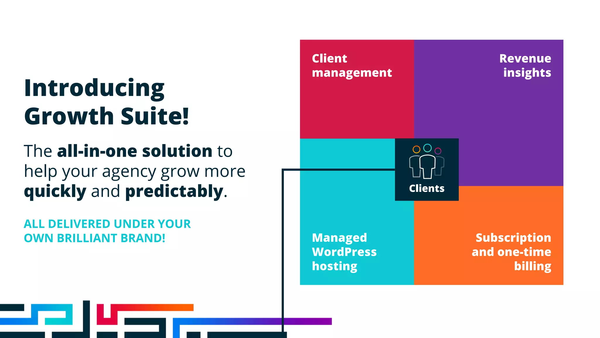 Introducing
Growth Suite!
The all-in-one solution to
help your agency grow more
quickly and predictably.
ALL DELIVERED UNDER YOUR
OWN BRILLIANT BRAND!
Client
management
Managed
WordPress
hosting
Subscription
and one-time
billing
Revenue
insights
Clients
 