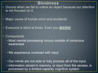 • Occurs when we fail to notice an object because our attention
is not focused on it.
• Major cause of human error and accidents
• Everyone is blind at times. Even you MARIA!
• Components
• Most mental processing occurs outside of conscious
awareness
• We experience overload with input
• Our minds are not able to fully process all of the input.
• information stored in memory, or input from the senses, is
processed by a limited-capacity cognitive system
 