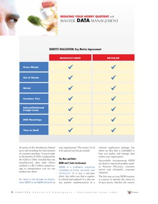 FORUM46 G M A / F P A E X E C U T I V E C O N F E R E N C E / G R E E N B R I E R I S S U E 2 0 0 7
all points of the distribution channel
up to and including the final moment
of consumer purchase. A recent study
of the benefits of GDS, conducted by
the GMA in 2006, revealed that one
manufacturer’s data audit efforts
resulted in a $2.2 million annual sav-
ings in transportation cost for one
product line alone!
SO, WHAT IS THE RETURN ON INVEST-
MENT (ROI) OF AN MDM INITIATIVE in
your organization? The answer: It’s all
in the approach and who gets involved.
The Nuts and Bolts:
MDM and C-Suite Involvement
MDM IS A POWERFUL EQUATION
COMPRISED OF PEOPLE, PROCESSES, AND
TECHNOLOGY. It is not a one-time
effort, but rather one that is regular-
ly refined and updated. It is also not
just another implementation of a
software application package, but
rather an idea that is embedded in
how you gather and manage data
within your organization.
Successfully incorporating MDM
can lead to improved product quali-
ty, business efficiency, customer
service and, ultimately, corporate
valuation.
The first step on your MDM journey
is a survey to identify the initial set
of pain points, baseline the current
REDUCING YOUR WORRY QUOTIENT with
MASTER DATA MANAGEMENT
MANUFACTURER RETAILER
Out of Stocks
Shrink
Inventory Turn
Inbound/Outbound
Freight Costs
DSD Receivings
Gross Margin
Time to Shelf
BENEFITS REALIZATION: Key Metrics Improvement
 