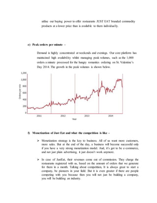 utilise our buying power to offer restaurants JUST EAT branded commodity
products at a lower price than is available to them individually.
e) Peak orders per minute –
Demand is highly concentrated at weekends and evenings. Our core platform has
maintained high availability whilst managing peak volumes, such as the 1,000
orders a minute processed for the hungry romantics ordering on St. Valentine’s
Day 2014. The growth in the peak volumes is shown below.
f) Monetization of Just Eat and what the competition is like –
 Monetization strategy is the key to business. All of us want more customers,
more sales. But at the end of the day, a business will become successful only
if you have a very strong monetization model. And, it’s got to be e-commerce,
and not just plain advertising, it just doesn’t work anymore.
 In case of JustEat, their revenues come out of commission. They charge the
restaurants registered with us, based on the amount of orders that we generate
for them in a month. Talking about competition, It is always great to start a
company, be pioneers in your field. But it is even greater if there are people
competing with you because then you will not just be building a company,
you will be building an industry.
 
