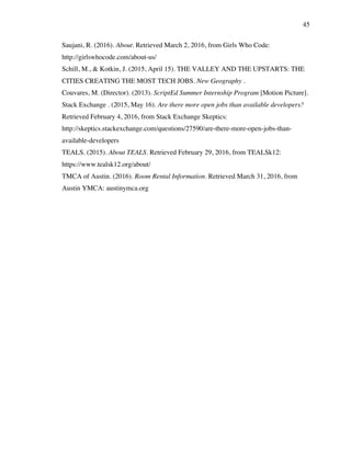 45
Saujani, R. (2016). About. Retrieved March 2, 2016, from Girls Who Code:
http://girlswhocode.com/about-us/
Schill, M., & Kotkin, J. (2015, April 15). THE VALLEY AND THE UPSTARTS: THE
CITIES CREATING THE MOST TECH JOBS. New Geography .
Couvares, M. (Director). (2013). ScriptEd Summer Internship Program [Motion Picture].
Stack Exchange . (2015, May 16). Are there more open jobs than available developers?
Retrieved February 4, 2016, from Stack Exchange Skeptics:
http://skeptics.stackexchange.com/questions/27590/are-there-more-open-jobs-than-
available-developers
TEALS. (2015). About TEALS. Retrieved February 29, 2016, from TEALSk12:
https://www.tealsk12.org/about/
TMCA of Austin. (2016). Room Rental Information. Retrieved March 31, 2016, from
Austin YMCA: austinymca.org
 