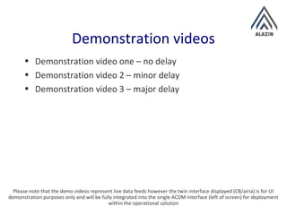 Demonstration videos
Please note that the demo videos represent live data feeds however the twin interface displayed (CB/airia) is for UI
demonstration purposes only and will be fully integrated into the single ACDM interface (left of screen) for deployment
within the operational solution
• Demonstration video one – no delay
• Demonstration video 2 – minor delay
• Demonstration video 3 – major delay
 