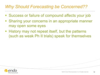 Why Should Forecasting be Concerned??
 Success or failure of compound affects your job
 Sharing your concerns in an appropriate manner
may open some eyes
 History may not repeat itself, but the patterns
(such as weak Ph II trials) speak for themselves
©2012 Endo Pharmaceuticals, Inc. All rights reserved. 11
 