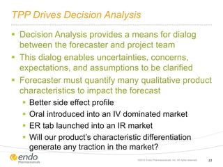 TPP Drives Decision Analysis
 Decision Analysis provides a means for dialog
between the forecaster and project team
 This dialog enables uncertainties, concerns,
expectations, and assumptions to be clarified
 Forecaster must quantify many qualitative product
characteristics to impact the forecast
 Better side effect profile
 Oral introduced into an IV dominated market
 ER tab launched into an IR market
 Will our product’s characteristic differentiation
generate any traction in the market?
©2012 Endo Pharmaceuticals, Inc. All rights reserved. 23
 