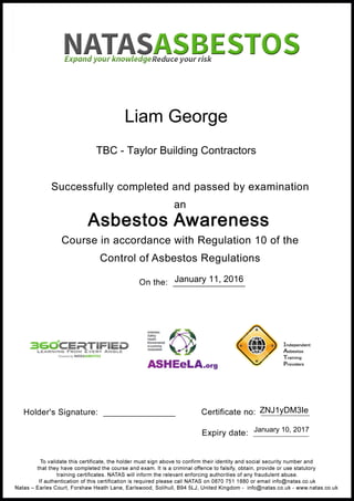 Asbestos Certificate liam Asbestos Certificate liam
