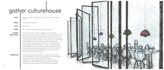 gather culturehouse
Adaptive Reuse Project: Food + culture house for children +
teens
Copenhagen, Denmark
Spring 2019
DIS Study Abroad Copenhagen Design Studio
The cu
The culture house concept is deeply rooted in Danish
community and can be described as a cultural institution that
is availableto a city or a local population that ooers cultural,
association and leisure facilities. This project was to repurpose
a historical post ooce building into a culture house speciﬁcally
catered towards children and teens within neighboring
communities. I designed an inclusive community gathering
space, g
space, grenhouse and children’s culinary arts school within
Copenhagen’s urban core. Gather invites growth, education
and communication between people and food. It provides a
setting in which people of all ages can gain insight into a
healthy and creative food culture.
Investigate spatial conﬁguration + sequence + transitions
Train the ability to work with transformation + atmosphere
Practice the basic tools of interior architecture
Develop an understanding of historic and site-speciﬁc
conditions when working with light +materials +textures
Develop an understanding of the relationship between
objectives
where
studio
project
description
what
when
3 4
 