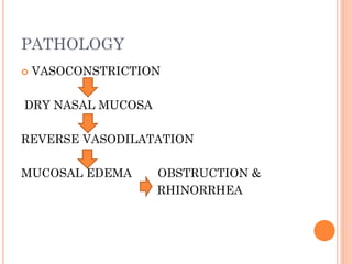 PATHOLOGY
 VASOCONSTRICTION
DRY NASAL MUCOSA
REVERSE VASODILATATION
MUCOSAL EDEMA OBSTRUCTION &
RHINORRHEA
 