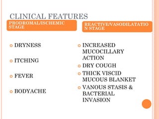 CLINICAL FEATURES
 DRYNESS
 ITCHING
 FEVER
 BODYACHE
 INCREASED
MUCOCILLARY
ACTION
 DRY COUGH
 THICK VISCID
MUCOUS BLANKET
 VANOUS STASIS &
BACTERIAL
INVASION
PRODROMAL/ISCHEMIC
STAGE
REACTIVE/VASODILATATIO
N STAGE
 