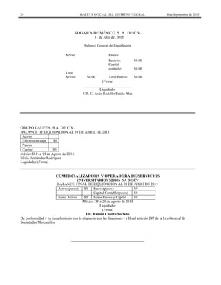 24 GACETA OFICIAL DEL DISTRITO FEDERAL 18 de Septiembre de 2015
KOGAWA DE MÉXICO, S. A.. DE C.V.
31 de Julio del 2015
Balance General de Liquidación
Activo Pasivo
Pasivos: $0.00
Capital
contable: $0.00
Total
Activo: $0.00 Total Pasivo: $0.00
(Firma)
__________________________
Liquidador
C.P. C. Jesús Rodolfo Patiño Alas
GRUPO LAUFEN, S.A. DE C.V.
BALANCE DE LIQUIDACION AL 10 DE ABRIL DE 2015
Activo
Efectivo en caja $0
Pasivo
Capital $0
México D.F. a 14 de Agosto de 2015.
Silvia Hernández Rodríguez
Liquidador (Firma)
COMERCIALIZADORA Y OPERADORA DE SERVICIOS
UNIVERSITARIOS S2000S SA DE CV
BALANCE FINAL DE LIQUIDACIÓN AL 31 DE JULIO DE 2015
Activo(pesos) $0 Pasivo(pesos) $0
Capital Contable(pesos) $0
Suma Activo $0 Suma Pasivo y Capital $0
México DF a 20 de agosto de 2015
Liquidador
(Firma)
Lic. Ramón Chorro Soriano
De conformidad y en cumplimiento con lo dispuesto por las fracciones I y II del artículo 247 de la Ley General de
Sociedades Mercantiles
 