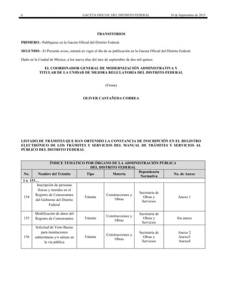 6 GACETA OFICIAL DEL DISTRITO FEDERAL 18 de Septiembre de 2015
TRANSITORIOS
PRIMERO.- Publíquese en la Gaceta Oficial del Distrito Federal.
SEGUNDO.- El Presente aviso, entrará en vigor el día de su publicación en la Gaceta Oficial del Distrito Federal.
Dado en la Ciudad de México, a los nueve días del mes de septiembre de dos mil quince.
EL COORDINADOR GENERAL DE MODERNIZACIÓN ADMINISTRATIVA Y
TITULAR DE LA UNIDAD DE MEJORA REGULATORIA DEL DISTRITO FEDERAL
(Firma)
OLIVER CASTAÑEDA CORREA
LISTADO DE TRÁMITES QUE HAN OBTENIDO LA CONSTANCIA DE INSCRIPCIÓN EN EL REGISTRO
ELECTRÓNICO DE LOS TRÁMITES Y SERVICIOS DEL MANUAL DE TRÁMITES Y SERVICIOS AL
PÚBLICO DEL DISTRITO FEDERAL
ÍNDICE TEMÁTICO POR ÓRGANO DE LA ADMINISTRACIÓN PÚBLICA
DEL DISTRITO FEDERAL
No. Nombre del Trámite Tipo Materia
Dependencia
Normativa
No. de Anexo
1 a 153…
154
Inscripción de personas
físicas y morales en el
Registro de Concursantes
del Gobierno del Distrito
Federal
Trámite
Construcciones y
Obras
Secretaría de
Obras y
Servicios
Anexo 1
155
Modificación de datos del
Registro de Concursantes Trámite
Construcciones y
Obras
Secretaría de
Obras y
Servicios
Sin anexo
156
Solicitud de Visto Bueno
para instalaciones
subterráneas y/o aéreas en
la vía pública
Trámite
Construcciones y
Obras
Secretaría de
Obras y
Servicios
Anexo 2
Anexo3
Anexo4
 