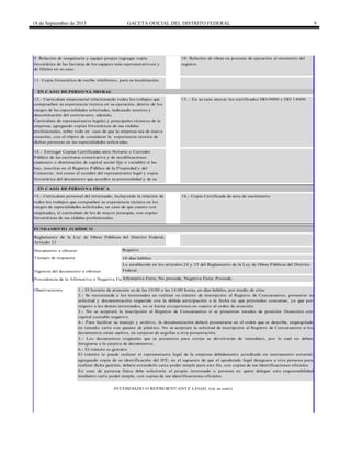 18 de Septiembre de 2015 GACETA OFICIAL DEL DISTRITO FEDERAL 9
INTERESADO O REPRESENTANTE LEGAL (en su caso)
1.- El horario de atención es de las 10:00 a las 14:00 horas, en días hábiles, por medio de citas
2.- Se recomienda a los interesados en realizar su trámite de inscripción al Registro de Concursantes, presentar su
solicitud y documentación requerida con la debida anticipación a la fecha en que pretendan concursar, ya que por
respeto a los demás interesados, no se harán excepciones en cuanto al orden de atención.
3.- No se aceptará la inscripción al Registro de Concursantes si se presentan estados de posición financiera con
capital contable negativo.
4.- Para facilitar su manejo y archivo, la documentación deberá presentarse en el orden que se describe, engargolada
en tamaño carta con gusano de plástico. No se aceptará la solicitud de inscripción al Registro de Concursantes si los
documentos están sueltos, en carpetas de argollas u otra presentación.
5.- Los documentos originales que se presenten para cotejo se devolverán de inmediato, por lo cual no deben
integrarse a la carpeta de documentos.
6.- El trámite es gratuito
El trámite lo puede realizar el representante legal de la empresa debidamente acreditado en instrumento notarial;
agregando copia de su identificación del IFE; en el supuesto de que el apoderado legal designara a otra persona para
realizar dicha gestión, deberá extenderle carta poder simple para este fin, con copias de sus identificaciones oficiales.
En caso de persona física debe solicitarlo el propio interesado o persona en quien delegue esta responsabilidad
mediante carta poder simple, con copias de sus identificaciones oficiales.
Observaciones
FUNDAMENTO JURÍDICO
14.– Entregar Copias Certificadas ante Notario o Corredor
Público de las escrituras constitutiva y de modificaciones
(aumento o disminución de capital social fijo o variable) si las
hay, inscritas en el Registro Público de la Propiedad y del
Comercio. Así como el nombre del representante legal y copia
fotostática del documento que acredite su personalidad y de su
identificación oficial.
11. Copia fotostática de recibo telefónico, para su localización.
15.- Curriculum personal del interesado, incluyendo la relación de
todos los trabajos que compueben su experiencia técnica en los
rangos de especialidades solicitadas, en caso de que cuente con
empleados, el currículum de los de mayor jerarquía, con copias
fotostáticas de sus cédulas profesionales.
16.- Copia Certificada de acta de nacimiento
EN CASO DE PERSO NA MO RAL
12.- Curriculum empresarial relacionando todos los trabajos que
comprueben su experiencia técnica en su ejecución, dentro de los
rangos de las especialidades solicitadas, indicando montos y
denominación del contratante, además;
Curriculum de representantes legales y principales técnicos de la
empresa, agregando copias fotostáticas de sus cédulas
profesionales, sobre todo en caso de que la empresa sea de nueva
creación, con el objeto de considerar la experiencia técnica de
dichas personas en las especialidades solicitadas.
13.– En su caso anexar los certificados ISO-9000 e ISO 14000
EN CASO DE PERSO NA FISICA
9. Relación de maquinaria y equipo propio (agregar copia
fotostática de las facturas de los equipos más representativos) y
de filiales en su caso.
10. Relación de obras en proceso de ejecución al momento del
registro.
Reglamento de la Ley de Obras Públicas del Distrito Federal,
Artículo 21
Procedencia de la Afirmativa o Negativa FictaAfirmativa Ficta: No procede, Negativa Ficta: Procede.
Documento a obtener Registro
Vigencia del documento a obtener
Lo establecido en los artículos 24 y 25 del Reglamento de la Ley de Obras Públicas del Distrito
Federal
Tiempo de respuesta 10 días hábiles
 