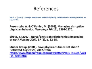 References
Petri, L. (2010). Concept analysis of interdisciplinary collaboration. Nursing Forum, 45
(2), 73-82.
Rosenstein, A. & O’Daniel, M. (2008). Managing disruptive
physician behavior. Neurology 70 (17), 1564-1570.
Sirota, T. (2007). Nurse/physician relationships: Improving
or not? Nursing 2007, 37 (1), p. 52-55.
Studer Group. (2004). Save physicians time: Got chart?
Retrieved August 23, 2012, from
http://www.studergroup.com/newsletter/Vol1_Issue4/vol1
_i4_sec4.htm
 