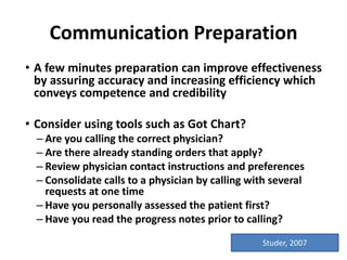 Communication Preparation
• A few minutes preparation can improve effectiveness
by assuring accuracy and increasing efficiency which
conveys competence and credibility
• Consider using tools such as Got Chart?
– Are you calling the correct physician?
– Are there already standing orders that apply?
– Review physician contact instructions and preferences
– Consolidate calls to a physician by calling with several
requests at one time
– Have you personally assessed the patient first?
– Have you read the progress notes prior to calling?
Studer, 2007
 