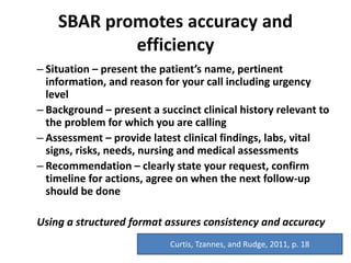 SBAR promotes accuracy and
efficiency
– Situation – present the patient’s name, pertinent
information, and reason for your call including urgency
level
– Background – present a succinct clinical history relevant to
the problem for which you are calling
– Assessment – provide latest clinical findings, labs, vital
signs, risks, needs, nursing and medical assessments
– Recommendation – clearly state your request, confirm
timeline for actions, agree on when the next follow-up
should be done
Using a structured format assures consistency and accuracy
Curtis, Tzannes, and Rudge, 2011, p. 18
 