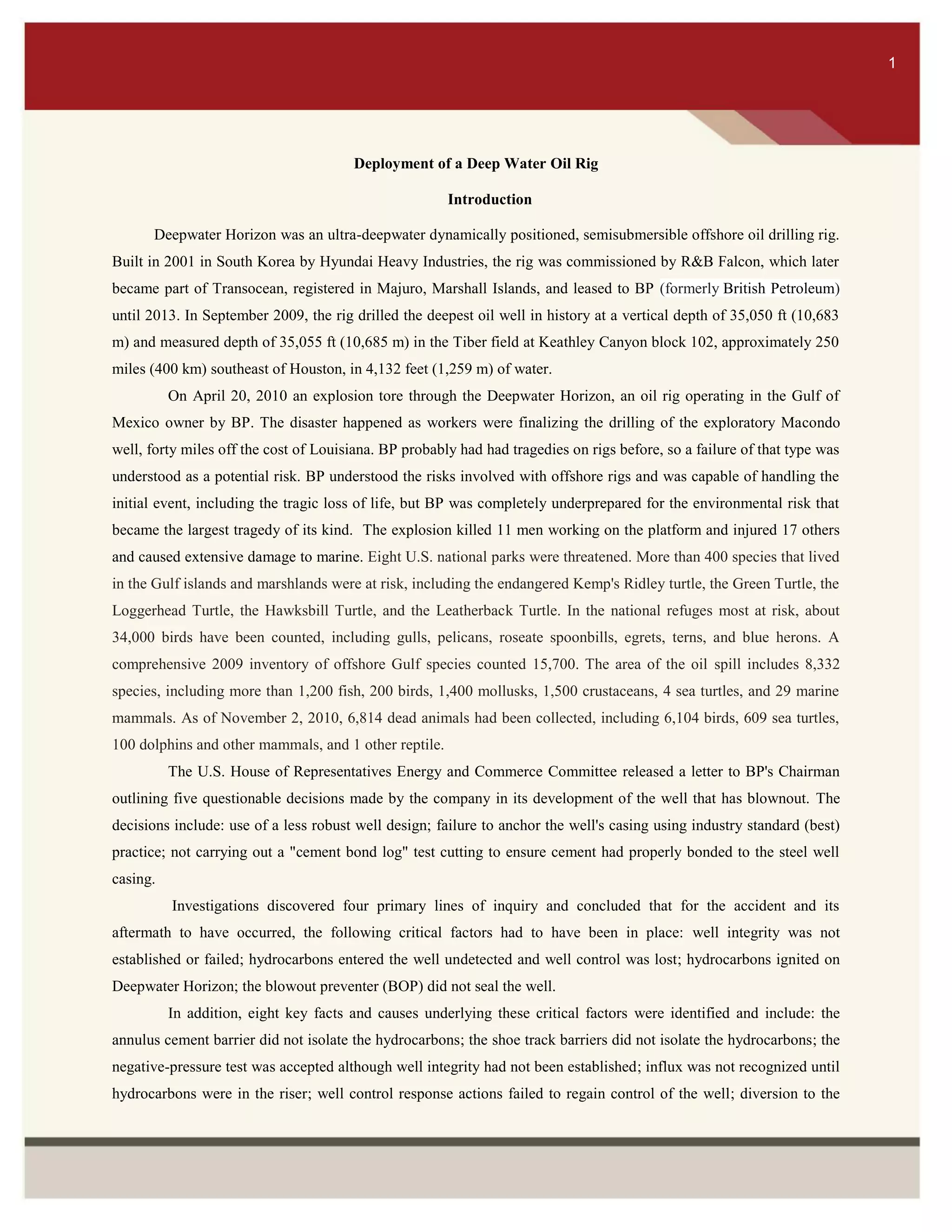 Risk Management Plan - Deepwater Oil Rig Deployment | PDF