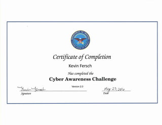 Kevin Fersch Cyber Awareness Challenge Certificate