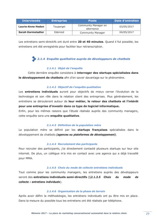 Mémoire 2017 – La place du marketing conversationnel automatisé dans la relation client. 29
Interviewée Entreprise Poste Date d’entretien
Laurie-Anne Hedon Toupargel Community Manager en
alternance
03/05/2017
Sarah Darmstadter Edenred Community Manager 04/05/2017
Les entretiens semi-directifs ont duré entre 20 et 40 minutes. Quand il fut possible, les
entretiens ont été enregistrés pour faciliter leur retranscription.
2.1.4 Enquête qualitative auprès de développeurs de chatbots
2.1.4.1 Objet de l’enquête
Cette dernière enquête consistera à interroger des startups spécialisées dans
le développement de chatbots afin d’en savoir davantage sur le phénomène.
2.1.4.2 Objectif de l’enquête qualitative
Les entretiens individuels auront pour objectifs de mieux cerner l’évolution de la
technologie et son rôle dans la relation client des entreprises. Plus généralement, les
entretiens se dérouleront autour de leur métier, le retour des chatbots et l’intérêt
pour une entreprise d’investir dans ce type de logiciel informatique.
Enfin, pour les mêmes raisons que l’étude réalisée auprès des community managers,
cette enquête sera une enquête qualitative.
2.1.4.3 Définition de la population mère
La population mère se définit par les startups françaises spécialisées dans le
développement de chatbots (agences ou plateformes de développement).
2.1.4.4 Recrutement des participants
Pour recruter des participants, j’ai directement contacté plusieurs startups sur leur site
internet. De plus, un collègue m’a mis en contact avec une agence qui a déjà travaillé
pour MMA.
2.1.4.5 Choix du mode de collecte entretiens individuels
Tout comme pour les community managers, les entretiens auprès des développeurs
seront des entretiens individuels semi-directifs (§2.1.3.5 Choix du mode de
collecte : entretiens individuels).
2.1.4.6 Organisation de la phase de terrain
Après avoir défini la méthodologie, les entretiens individuels ont pu être mis en place.
Dans la mesure du possible tous les entretiens ont été réalisés par téléphone.
 