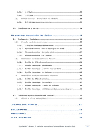 Mémoire 2017 – La place du marketing conversationnel automatisé dans la relation client. 59
CONCLUSION DU MEMOIRE
2.3.1.1 Le tri à plat.........................................................................................33
2.3.1.2 Le tri croisé ........................................................................................33
2.3.2 Méthode analytique : décomposition des entretiens..........................................34
2.3.2.1 Grille d’analyse de contenu manuelle.......................................................34
2.4 Conclusion de la partie ......................................................................... 34
III. Analyse et interprétation des résultats ......................................... 35
3.1 Analyse des résultats ........................................................................... 35
3.1.1 L’enquête auprès des consommateurs............................................................35
3.1.1.1 Le profil des répondants (211 personnes) ................................................35
3.1.1.2 Réponses thématique « Vous et les marques sur les RS »...........................36
3.1.1.3 Réponses thématique « La relation client »...............................................37
3.1.1.4 Réponses thématique « Les chatbots »....................................................38
3.1.2 Les entretiens auprès des Community Managers..............................................39
3.1.2.1 Synthèse des différents entretiens..........................................................41
3.1.2.2 Synthèse thématique « Votre métier » ....................................................43
3.1.2.3 Synthèse thématique « La relation avec vos clients ».................................44
3.1.2.4 Synthèse thématique « Les chatbots » ....................................................45
3.1.3 Les entretiens auprès des développeurs de chatbots.........................................45
3.1.3.1 Synthèse des différents entretiens..........................................................46
3.1.3.2 Synthèse thématique « Votre métier » ....................................................47
3.1.3.3 Synthèse thématique « Le retour des chatbots ».......................................48
3.1.3.4 Synthèse thématique « L’intérêt des chatbots pour une entreprise ».............49
3.2 Conclusion et interprétation des résultats............................................ 50
3.2.1 Affirmer ou infirmer les hypothèses ...............................................................50
BIBLIOGRAPHIE ................................................................................. 54
WEBOGRAPHIE ................................................................................... 55
TABLE DES ANNEXES .......................................................................... 56
CONCLUSION DU MEMOIRE .................................................................53
 