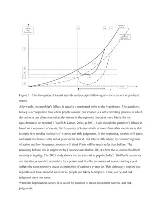 Figure 1. The disruption of tourist arrivals and receipts following a terrorist attack or political
unrest.
Afterwards, the gambler's fallacy is equally a supported point to the hypotheses. The gambler's
fallacy is a “cognitive bias where people assume that chance is a self-correcting process in which
deviation in one direction makes deviations in the opposite direction more likely for the
equilibrium to be restored”( Wolff & Larsen, 2014, p.206) . Even though the gambler’s fallacy is
based on a sequence of events, the frequency of terror attack is lower than other events so is able
to apply it to predict the tourists’ worries and risk judgments. In the beginning, tourists will panic
and insist that home is the safest place in the world. But after a little while, by considering time
of action and low frequency, tourists will think Paris will be much safer than before. The
reasoning behind this is supported by (Talarico and Rubin, 2003) where the so-called flashbulb
memory is in play. The 2003 study shows that in contrast to popular belief, flashbulb memories
are not always recalled accurately by a person and that the memories of an outstanding event
suffers the same memory decay as memories of ordinary events do. This ultimately implies that
regardless of how dreadful an event is, people are likely to forget it. Thus, worry and risk
judgment stays the same.
When the implication occurs, it is easier for tourists to shoot down their worries and risk
judgments.
 