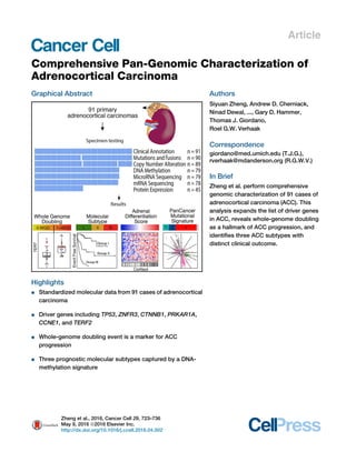 Article
Comprehensive Pan-Genomic Characterization of
Adrenocortical Carcinoma
Graphical Abstract
Highlights
d Standardized molecular data from 91 cases of adrenocortical
carcinoma
d Driver genes including TP53, ZNFR3, CTNNB1, PRKAR1A,
CCNE1, and TERF2
d Whole-genome doubling event is a marker for ACC
progression
d Three prognostic molecular subtypes captured by a DNA-
methylation signature
Authors
Siyuan Zheng, Andrew D. Cherniack,
Ninad Dewal, ..., Gary D. Hammer,
Thomas J. Giordano,
Roel G.W. Verhaak
Correspondence
giordano@med.umich.edu (T.J.G.),
rverhaak@mdanderson.org (R.G.W.V.)
In Brief
Zheng et al. perform comprehensive
genomic characterization of 91 cases of
adrenocortical carcinoma (ACC). This
analysis expands the list of driver genes
in ACC, reveals whole-genome doubling
as a hallmark of ACC progression, and
identiﬁes three ACC subtypes with
distinct clinical outcome.
Zheng et al., 2016, Cancer Cell 29, 723–736
May 9, 2016 ª2016 Elsevier Inc.
http://dx.doi.org/10.1016/j.ccell.2016.04.002
 