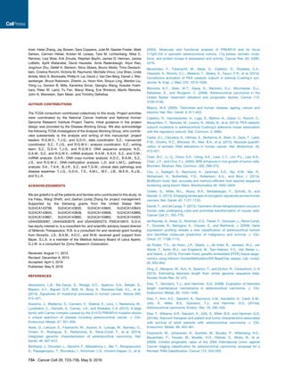 Voet, Hailei Zhang, Jay Bowen, Sara Coppens, Julie M. Gastier-Foster, Mark
Gerken, Carmen Helsel, Kristen M. Leraas, Tara M. Lichtenberg, Nilsa C.
Ramirez, Lisa Wise, Erik Zmuda, Stephen Baylin, James G. Herman, Janine
LoBello, Aprill Watanabe, David Haussler, Amie Radenbaugh, Arjun Rao,
Jingchun Zhu, Detlef K. Bartsch, Silviu Sbiera, Bruno Allolio, Timo Deutsch-
bein, Cristina Ronchi, Victoria M. Raymond, Michelle Vinco, Lina Shao, Linda
Amble, Moiz S. Bootwalla, Phillip H. Lai, David J. Van Den Berg, Daniel J. Wei-
senberger, Bruce Robinson, Zhenlin Ju, Hoon Kim, Shiyun Ling, Wenbin Liu,
Yiling Lu, Gordon B. Mills, Kanishka Sircar, Qianghu Wang, Kosuke Yoshi-
hara, Peter W. Laird, Yu Fan, Wenyi Wang, Eve Shinbrot, Martin Reincke,
John N. Weinstein, Sam Meier, and Timothy Defreitas.
AUTHOR CONTRIBUTIONS
The TCGA consortium contributed collectively to this study. Project activities
were coordinated by the National Cancer Institute and National Human
Genome Research Institute Project Teams. Initial guidance in the project
design was provided by the Disease Working Group. We also acknowledge
the following TCGA investigators of the Analysis Working Group, who contrib-
uted substantially to the analysis and writing of this manuscript: project
leaders: R.G.W.V., T.J.G., and G.D.H.; data coordinator: S.Z.; manuscript
coordinator: S.Z., T.J.G., and R.G.W.V.; analysis coordinator: S.Z.; writing
team: S.Z., G.D.H, T.J.G., and R.G.W.V. DNA sequence analysis: N.D.,
D.A.W., S.Z., and R.G.W.V.; mRNA analysis: R.A.M., K.A.H., S.Z., and O.M.;
miRNA analysis: G.A.R.; DNA copy-number analysis: A.D.C., B.A.M., S.Z.,
J.S., and R.G.W.V.; DNA-methylation analysis: L.D. and L.M.C.; pathway
analysis: S.K., T.A.K., B.J.R., S.Z., and T.G.W.; clinical data pathology and
disease expertise: T.J.G., G.D.H., T.E., A.M.L., M.F., J.B., W.E.R., K.J.B.,
and S.L.A.
ACKNOWLEDGMENTS
We are grateful to all the patients and families who contributed to this study, to
Ina Felau, Margi Sheth, and Jiashan (Julia) Zhang for project management.
Supported by the following grants from the United States NIH:
5U24CA143799, 5U24CA143835, 5U24CA143840, 5U24CA143843,
5U24CA143845, 5U24CA143848, 5U24CA143858, 5U24CA143866,
5U24CA143867, 5U24CA143882, 5U24CA143883, 5U24CA144025,
U54HG003067, U54HG003079, and U54HG003273, P30CA16672. G.D.H.
has equity interest in, is a consultant for, and scientiﬁc advisory board director
of Millendo Therapeutics. R.B. is a consultant for and received grant funding
from Novartis. J.S., B.A.M., A.D.C., and M.M. received grant support from
Bayer. S.L.A. is a member of the Medical Advisory Board of Leica Aperio.
D.J.W. is a consultant for Zymo Research Corporation.
Received: August 11, 2015
Revised: December 8, 2015
Accepted: April 5, 2016
Published: May 9, 2016
REFERENCES
Alexandrov, L.B., Nik-Zainal, S., Wedge, D.C., Aparicio, S.A., Behjati, S.,
Biankin, A.V., Bignell, G.R., Bolli, N., Borg, A., Borresen-Dale, A.L., et al.
(2013). Signatures of mutational processes in human cancer. Nature 500,
415–421.
Anselmo, J., Medeiros, S., Carneiro, V., Greene, E., Levy, I., Nesterova, M.,
Lyssikatos, C., Horvath, A., Carney, J.A., and Stratakis, C.A. (2012). A large
family with Carney complex caused by the S147G PRKAR1A mutation shows
a unique spectrum of disease including adrenocortical cancer. J. Clin.
Endocrinol. Metab. 97, 351–359.
Assie, G., Letouze, E., Fassnacht, M., Jouinot, A., Luscap, W., Barreau, O.,
Omeiri, H., Rodriguez, S., Perlemoine, K., Rene-Corail, F., et al. (2014).
Integrated genomic characterization of adrenocortical carcinoma. Nat.
Genet. 46, 607–612.
Bertherat, J., Groussin, L., Sandrini, F., Matyakhina, L., Bei, T., Stergiopoulos,
S., Papageorgiou, T., Bourdeau, I., Kirschner, L.S., Vincent-Dejean, C., et al.
(2003). Molecular and functional analysis of PRKAR1A and its locus
(17q22-24) in sporadic adrenocortical tumors: 17q losses, somatic muta-
tions, and protein kinase A expression and activity. Cancer Res. 63, 5308–
5319.
Beuschlein, F., Fassnacht, M., Assie, G., Calebiro, D., Stratakis, C.A.,
Osswald, A., Ronchi, C.L., Wieland, T., Sbiera, S., Faucz, F.R., et al. (2014).
Constitutive activation of PKA catalytic subunit in adrenal Cushing’s syn-
drome. N. Engl. J. Med. 370, 1019–1028.
Bilimoria, K.Y., Shen, W.T., Elaraj, D., Bentrem, D.J., Winchester, D.J.,
Kebebew, E., and Sturgeon, C. (2008). Adrenocortical carcinoma in the
United States: treatment utilization and prognostic factors. Cancer 113,
3130–3136.
Blasco, M.A. (2005). Telomeres and human disease: ageing, cancer and
beyond. Nat. Rev. Genet. 6, 611–622.
Calebiro, D., Hannawacker, A., Lyga, S., Bathon, K., Zabel, U., Ronchi, C.,
Beuschlein, F., Reincke, M., Lorenz, K., Allolio, B., et al. (2014). PKA catalytic
subunit mutations in adrenocortical Cushing’s adenoma impair association
with the regulatory subunit. Nat. Commun. 5, 5680.
Carter, S.L., Cibulskis, K., Helman, E., McKenna, A., Shen, H., Zack, T., Laird,
P.W., Onofrio, R.C., Winckler, W., Weir, B.A., et al. (2012). Absolute quantiﬁ-
cation of somatic DNA alterations in human cancer. Nat. Biotechnol. 30,
413–421.
Chan, B.C., Li, Q., Chow, S.K., Ching, A.K., Liew, C.T., Lim, P.L., Lee, K.K.,
Chan, J.Y., and Chui, Y.L. (2005). BRE enhances in vivo growth of tumor cells.
Biochem. Biophys. Res. Commun. 326, 268–273.
Chu, J., Sadeghi, S., Raymond, A., Jackman, S.D., Nip, K.M., Mar, R.,
Mohamadi, H., Butterﬁeld, Y.S., Robertson, A.G., and Birol, I. (2014).
BioBloom tools: fast, accurate and memory-efﬁcient host species sequence
screening using bloom ﬁlters. Bioinformatics 30, 3402–3404.
Ciriello, G., Miller, M.L., Aksoy, B.A., Senbabaoglu, Y., Schultz, N., and
Sander, C. (2013). Emerging landscape of oncogenic signatures across human
cancers. Nat. Genet. 45, 1127–1133.
Davoli, T., and de Lange, T. (2012). Telomere-driven tetraploidization occurs in
human cells undergoing crisis and promotes transformation of mouse cells.
Cancer Cell 21, 765–776.
de Reynies, A., Assie, G., Rickman, D.S., Tissier, F., Groussin, L., Rene-Corail,
F., Dousset, B., Bertagna, X., Clauser, E., and Bertherat, J. (2009). Gene
expression proﬁling reveals a new classiﬁcation of adrenocortical tumors
and identiﬁes molecular predictors of malignancy and survival. J. Clin.
Oncol. 27, 1108–1115.
de Ruijter, T.C., de Hoon, J.P., Slaats, J., de Vries, B., Janssen, M.J., van
Wezel, T., Aarts, M.J., van Engeland, M., Tjan-Heijnen, V.C., Van Neste, L.,
and Veeck, J. (2015). Formalin-ﬁxed, parafﬁn-embedded (FFPE) tissue epige-
nomics using Inﬁnium HumanMethylation450 BeadChip assays. Lab. Invest.
95, 833–842.
Ding, Z., Mangino, M., Aviv, A., Spector, T., and Durbin, R.; Consortium, U. K
(2014). Estimating telomere length from whole genome sequence data.
Nucleic Acids Res. 42, e75.
Else, T., Giordano, T.J., and Hammer, G.D. (2008). Evaluation of telomere
length maintenance mechanisms in adrenocortical carcinoma. J. Clin.
Endocrinol. Metab. 93, 1442–1449.
Else, T., Kim, A.C., Sabolch, A., Raymond, V.M., Kandathil, A., Caoili, E.M.,
Jolly, S., Miller, B.S., Giordano, T.J., and Hammer, G.D. (2014a).
Adrenocortical carcinoma. Endocr. Rev. 35, 282–326.
Else, T., Williams, A.R., Sabolch, A., Jolly, S., Miller, B.S., and Hammer, G.D.
(2014b). Adjuvant therapies and patient and tumor characteristics associated
with survival of adult patients with adrenocortical carcinoma. J. Clin.
Endocrinol. Metab. 99, 455–461.
Fassnacht, M., Johanssen, S., Quinkler, M., Bucsky, P., Willenberg, H.S.,
Beuschlein, F., Terzolo, M., Mueller, H.H., Hahner, S., Allolio, B., et al.
(2009). Limited prognostic value of the 2004 International Union against
Cancer staging classiﬁcation for adrenocortical carcinoma: proposal for a
Revised TNM Classiﬁcation. Cancer 115, 243–250.
734 Cancer Cell 29, 723–736, May 9, 2016
 