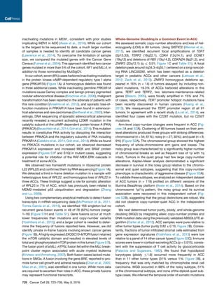 inactivating mutations in MEN1, consistent with prior studies
implicating MEN1 in ACC (Assie et al., 2014). While our cohort
is the largest to be sequenced to date, a much larger number
of samples is needed to identify all candidate cancer genes
(Lawrence et al., 2014). To overcome the limitation of sample
size, we compared the mutated genes with the Cancer Gene
Census (Futreal et al., 2004). This approach identiﬁed two cancer
genes mutated in more than 5% of the cohort, NF1 and MLL4, in
addition to those nominated by MutSigCV.
Inourcohort,seven(8%)casesharboredinactivatingmutations
in the protein kinase cAMP-dependent regulatory type I alpha
gene (PRKAR1A) (Figure 1A). A homozygous deletion was found
in three additional cases. While inactivating germline PRKAR1A
mutations cause Carney complex and benign primary pigmented
nodular adrenocortical disease (Kirschner et al., 2000), malignant
transformation has been reported in the adrenals of patients with
this rare condition (Anselmo et al., 2012), and sporadic loss-of-
function mutations in PRKAR1A have been found in adrenocor-
tical adenomas and rare carcinomas (Bertherat et al., 2003). Inter-
estingly, DNA sequencing of sporadic adrenocortical adenomas
recently revealed a recurrent activating L206R mutation in the
catalytic subunit of the cAMP-dependent protein kinase A (PKA)
(PRKACA) (Beuschleinetal., 2014;Gohetal., 2014).Thismutation
results in constitutive PKA activity by disrupting the interaction
between PRKACA and the regulatory subunits of PKA including
PRKAR1A (Calebiro et al., 2014; Goh et al., 2014). While we found
no PRKACA mutations in our cohort, we observed decreased
PRKAR1A expression and increased MEK and BRAF protein
expression (Figures S1F and S1G) in mutant cases, suggesting
a potential role for inhibition of the RAF-MEK-ERK cascade in
treatment of some ACCs.
We observed two frameshift mutations in ribosomal protein
L22 (RPL22) and conﬁrmed them by RNA sequencing (Figure 1A).
We detected a third in-frame deletion mutation in a sample with
heterozygous loss of RPL22, and homozygous loss of RPL22 in
three ACCs. These ﬁndings suggest a role for somatic alteration
of RPL22 in 7% of ACC, which has previously been related to
MDM2-mediated p53 ubiquitination and degradation (Zhang
and Lu, 2009).
Using two complementary analytical methods to detect fusion
transcripts in mRNA-sequencing data (McPherson et al., 2011;
Torres-Garcia et al., 2014), we identiﬁed 156 singleton but no
recurrent gene-fusion events in 48 of 78 (62%) tumors (range:
1–16) (Figure S1H and Table S1). Gene fusions occur at much
lower frequencies than mutations and copy-number variants
(Yoshihara et al., 2015), and a larger cohort is needed to deter-
mine the frequency of fusions reported here. However, we did
identify private in-frame fusions involving known cancer genes
(Figure 1B). A highly expressed EXOSC10-MTOR fusion retained
the mTOR catalytic domain and resulted in elevated levels of
total and phosphorylated mTOR protein in this tumor (Figure S1I).
The fusion point of a MLL-ATP5L fusion fell within the MLL break-
point cluster region associated with acute myeloid leukemia
(Krivtsov and Armstrong, 2007). Both fusion cases lacked muta-
tions in SMGs. A fusion involving the gene BRE, reported to pro-
mote tumor cell growth and adrenal neoplasia (Chan et al., 2005;
Miao et al., 2001), was identiﬁed in one tumor. While more data
are required to ascertain their roles in ACC, these private fusions
may represent functional transcripts.
Whole-Genome Doubling Is a Common Event in ACC
We assessed somatic copy-number alterations and loss of het-
erozygosity (LOH) in 89 tumors. Using GISTIC2 (Mermel et al.,
2011), we identiﬁed recurrent focal ampliﬁcations of TERT
(5p15.33), TERF2 (16q22.1), CDK4 (12q14.1), and CCNE1
(19q12) and deletions of RB1 (13q14.2), CDKN2A (9p21.2), and
ZNRF3 (22q12.1) (q % 0.01; Figure 1C and Table S1). A focal
deletion peak around 4q34.3-4q35.1 centered on a long noncod-
ing RNA LINC00290, which has been reported as a deletion
target in pediatric ACCs and other cancers (Letouze et al.,
2012; Zack et al., 2013). ZNRF3 homozygous deletions ap-
peared in 16% (n = 14) of tumors assayed; by including non-
silent mutations, 19.3% of ACCs harbored alterations in this
gene. TERT and TERF2, two telomere-maintenance-related
genes (Blasco, 2005), were focally ampliﬁed in 15% and 7%
of cases, respectively. TERT promoter hotspot mutations have
been recently discovered in human cancers (Huang et al.,
2013). We resequenced the TERT promoter region of all 91
tumors. In agreement with a recent study (Liu et al., 2014), we
identiﬁed four cases with the C228T mutation, but no C250T
mutations.
Arm-level copy-number changes were frequent in ACC (Fig-
ures 2A and S2A). Clustering of 89 tumors based on their arm-
level alterations produced three groups with striking differences:
chromosomal (n = 54; 61%); noisy (n = 27; 30%); and quiet (n = 8;
9%) (Figure S2A). The chromosomal group showed the highest
frequency of whole-chromosome arm gains and losses. The
noisy group was characterized by a signiﬁcantly higher number
of chromosomal breaks as well as frequent loss of 1p with 1q
intact. Tumors in the quiet group had few large copy-number
alterations. Kaplan-Meier analysis demonstrated a signiﬁcant
decrease in survival in the noisy group relative to the chromo-
somal and quiet subtypes, suggesting that this copy-number
phenotype is characteristic of aggressive disease (Figure S2A).
To validate these subtypes, we analyzed an independent dataset
of ACC tumors (n = 119) proﬁled on different versions of the
Illumina BeadArray platform (Assie et al., 2014). Based on the
chromosome 1p/1q pattern, the noisy group and its survival
association were recovered in this independent cohort (Fig-
ure S2B), suggesting that the group distinctions are robust. We
did not observe copy-number-quiet ACC in the independent
cohort.
We next determined tumor purity, ploidy, and whole-genome
doubling (WGD) by integrating allelic copy-number proﬁles and
DNA mutation data using the previously validated ABSOLUTE al-
gorithm (Carter et al., 2012). ACC samples were pure relative to
other tumor types (tumor purity 0.82 ± 0.15; Figure 2B). Consis-
tently, fractions of tumor inﬁltrated stromal cells estimated from
gene expression signatures (Yoshihara et al., 2013) were low
relative to a panel of 14 other cancer types (Figure S2C). Immune
scores were lower in cortisol-secreting ACCs (p = 0.015), consis-
tent with the suppression of T cell activity by glucocorticoids
(Palacios and Sugawara, 1982). We found that hypodiploid
karyotypes (ploidy %1.6) occurred more frequently in ACC
than in 11 other tumor types (31% versus 1%; Figure 2B), a
frequency that was only matched by chromophobe renal cell
carcinoma. WGD occurred in 68% of the noisy subtype, 51%
of the chromosomal subtype, and none of the diploid-quiet sub-
type cases. We inferred the temporal order of somatic mutations
726 Cancer Cell 29, 723–736, May 9, 2016
 
