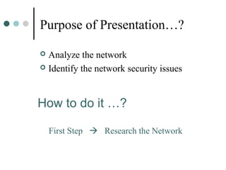 Purpose of Presentation…?
 Analyze the network
 Identify the network security issues
How to do it …?
First Step  Research the Network
 