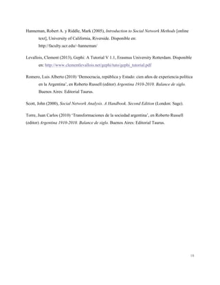 18
Hanneman, Robert A. y Riddle, Mark (2005), Introduction to Social Network Methods [online
text], University of California, Riverside. Disponible en:
http://faculty.ucr.edu/~hanneman/
Levallois, Clement (2013), Gephi: A Tutorial V 1.1, Erasmus University Rotterdam. Disponible
en: http://www.clementlevallois.net/gephi/tuto/gephi_tutorial.pdf
Romero, Luis Alberto (2010) ‘Democracia, república y Estado: cien años de experiencia política
en la Argentina’, en Roberto Russell (editor) Argentina 1910-2010. Balance de siglo.
Buenos Aires: Editorial Taurus.
Scott, John (2000), Social Network Analysis. A Handbook. Second Edition (London: Sage).
Torre, Juan Carlos (2010) ‘Transformaciones de la sociedad argentina’, en Roberto Russell
(editor) Argentina 1910-2010. Balance de siglo. Buenos Aires: Editorial Taurus.
 