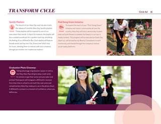 16Circle Ad
Pink Doing Green Initiative:
To expand the reach of your “Pink Doing Green”
initiative and impact communities all over the
country, Mary Kay will host a service day to plant
trees and pink flowers to awaken the beauty in our top 12
media markets. This program will be executed on Earth Day
(April 22), will be lead by top Beauty Consultants in each
community, and shared through the company’s various
social media platforms.
Graduation Photo Giveaway:
Taking advantage of graduation season in mid to
late May, Mary Kay will give away a cash-prize
for winners to get their senior pictures taken and
printed. Participants will Instagram a #ShineOn moment
from their time in school to win both the cash-prize and
complimentary Mary Kay makeup to use in the photo shoot.
A #ShineOn moment is a moment of confidence, where you
define you.
TRANSFORM CYCLE
Spotify Playlists:
The launch of our Mary Kay road trip also marks
the release of monthly Mary Kay Spotify playlists.
These playlists will be inspired by one of our
executions that month. In April, for instance, the playlist will
be a curated soundtrack for a perfect road trip, emulating
the feeling of our #ShineOn Bus. Each playlist will feature
female artists and tap into Zoe, Emma and Sofia’s love
for music, allowing them to interact with your company
through yet another non-traditional medium.
d
al
Earned
Internal
Owned
Internal
Paid Mary’d
Owned
Mary’d
Internal
Earned
Paid
Internal
Earned
Internal
Owned
Internal
Paid Mary’dOwned
Mary’d
Internal
Earned
Paid
Internal
Earned
Internal
Owned
Internal
Paid Mary’d
 