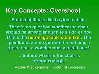 Key Concepts: OvershootKey Concepts: Overshoot
‘‘Sustainability is like buying a chair...Sustainability is like buying a chair...
There's no question whether the chairThere's no question whether the chair
should be strong enough to sit on or not.should be strong enough to sit on or not.
That's theThat's the nonnon--negotiable condition.negotiable condition. TheThe
questions are: do you want a red one, aquestions are: do you want a red one, a
green one, a wooden one, a metal one?green one, a wooden one, a metal one?
...but not whether the chair is...but not whether the chair is
strong enough.strong enough.’’
Mathis Wackernagel, Footprint co-creator
 