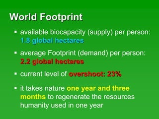World FootprintWorld Footprint
available biocapacity (supply) per person:
1.8 global hectares1.8 global hectares
average Footprint (demand) per person:
2.2 global hectares2.2 global hectares
current level of overshoot:overshoot: 23%23%
it takes nature one year and three
months to regenerate the resources
humanity used in one year
 