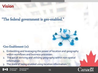 11
Vision
"The federal government is geo-enabled."
'Geo-Enablement (n):
1. Embedding and leveraging the power of location and geography
within workflows and business processes.
2. The act of deriving and utilising geography within non-spatial
information.
3. The state of being enabled using location information.' [1]
 