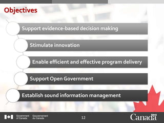 12
Objectives
Support evidence-based decision making
Stimulate innovation
Enable efficient and effective program delivery
Support Open Government
Establish sound information management
 