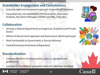 13
Stakeholder Engagement and Consultations
 Inclusive, open and transparent approach to benefit all Canadians
 Consulted over 100 stakeholders (PolicyAnalysts, Geomatics
Analysts, Key Senior Managers (ADMs and DMs, CIOs, etc.)
Collaboration
 Among 21 federal departments and agencies, Academia and Private
Sector
 Whole-of-Government approach and Governance (Working Groups)
 Work horizontally (e-Government, e-Service delivery)
 Central EnterpriseArchitecture Repository
Standardization
 Common Platform of infrastructure, policies, standards and
governance
 Leveraging international geospatial data and metadata standards
 