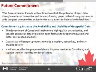 35
Future Commitment
Source: http://open.canada.ca/en/content/third-biennial-plan-open-government-partnership
Increase the Availability and Usability of Geospatial Data
 The Government of Canada will make more high-quality, authoritative, and
useable geospatial data available in open formats to support innovation and
better services to Canadians
 Open maps will support progress towards a modern, networked, and tech-
enabled society
 It will ensure effective program delivery, improve services to Canadians, and
support them in their day-to-day activities
Source: http://open.canada.ca/en/content/third-biennial-plan-open-government-partnership
Commitment 13: Increase the Availability and Usability of Geospatial Data
“The Government of Canada will continue to unlock the potential of open data
through a series of innovative and forward-looking projects that drive government-
wide progress on open data and prioritize easy access to high-value federal data.”
 