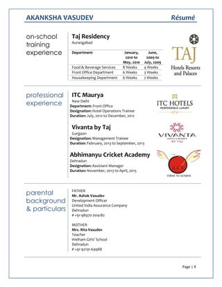 AKANKSHA VASUDEV Résumé
Page | 4
on-school
training
experience
Taj Residency
Aurangabad
Department January,
2010 to
May, 2010
June,
2009 to
July, 2009
Food & Beverage Services 8 Weeks 4 Weeks
Front Office Department 6 Weeks 3 Weeks
Housekeeping Department 6 Weeks 2 Weeks
professional
experience
ITC Maurya
New Delhi
Department: Front Office
Designation: Hotel Operations Trainee
Duration: July, 2012 to December, 2012
Vivanta by Taj
Gurgaon
Designation: Management Trainee
Duration: February, 2013 to September, 2013
Abhimanyu Cricket Academy
Dehradun
Designation: Assistant Manager
Duration: November, 2013 to April, 2015
parental
background
& particulars
FATHER
Mr. Ashok Vasudev
Development Officer
United India Assurance Company
Dehradun
# +91 98970 004182
MOTHER
Mrs. Rita Vasudev
Teacher
Welham Girls’ School
Dehradun
# +91 92191 69988
 