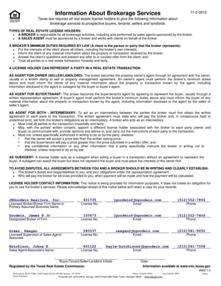 Information About Brokerage Services 11-2-2015
Texas law requires all real estate license holders to give the following information about
brokerage services to prospective buyers, tenants, sellers and landlords.
TYPES OF REAL ESTATE LICENSE HOLDERS:
A BROKER’S MINIMUM DUTIES REQUIRED BY LAW (A client is the person or party that the broker represents):
A LICENSE HOLDER CAN REPRESENT A PARTY IN A REAL ESTATE TRANSACTION:
A BROKER is responsible for all brokerage activities, including acts performed by sales agents sponsored by the broker.
A SALES AGENT must be sponsored by a broker and works with clients on behalf of the broker.
Put the interests of the client above all others, including the broker’s own interests;
Inform the client of any material information about the property or transaction received by the broker;
Answer the client’s questions and present any offer to or counter-offer from the client; and
Treat all parties to a real estate transaction honestly and fairly.
AS AGENT FOR OWNER (SELLER/LANDLORD): The broker becomes the property owner's agent through an agreement with the owner,
usually in a written listing to sell or property management agreement. An owner's agent must perform the broker’s minimum duties
above and must inform the owner of any material information about the property or transaction known by the agent, including
information disclosed to the agent or subagent by the buyer or buyer’s agent.
AS AGENT FOR BUYER/TENANT: The broker becomes the buyer/tenant's agent by agreeing to represent the buyer, usually through a
written representation agreement. A buyer's agent must perform the broker’s minimum duties above and must inform the buyer of any
material information about the property or transaction known by the agent, including information disclosed to the agent by the seller or
seller’s agent.
AS AGENT FOR BOTH - INTERMEDIARY: To act as an intermediary between the parties the broker must first obtain the written
agreement of each party to the transaction. The written agreement must state who will pay the broker and, in conspicuous bold or
underlined print, set forth the broker's obligations as an intermediary. A broker who acts as an intermediary:
Must treat all parties to the transaction impartially and fairly;
May, with the parties' written consent, appoint a different license holder associated with the broker to each party (owner and
buyer) to communicate with, provide opinions and advice to, and carry out the instructions of each party to the transaction.
Must not, unless specifically authorized in writing to do so by the party, disclose:
that the owner will accept a price less than the written asking price;
that the buyer/tenant will pay a price greater than the price submitted in a written offer; and
any confidential information or any other information that a party specifically instructs the broker in writing not to
disclose, unless required to do so by law.
AS SUBAGENT: A license holder acts as a subagent when aiding a buyer in a transaction without an agreement to represent the
buyer. A subagent can assist the buyer but does not represent the buyer and must place the interests of the owner first.
TO AVOID DISPUTES, ALL AGREEMENTS BETWEEN YOU AND A BROKER SHOULD BE IN WRITING AND CLEARLY ESTABLISH:
The broker’s duties and responsibilities to you, and your obligations under the representation agreement.
Who will pay the broker for services provided to you, when payment will be made and how the payment will be calculated.
LICENSE HOLDER CONTACT INFORMATION: This notice is being provided for information purposes. It does not create an obligation for
you to use the broker’s services. Please acknowledge receipt of this notice below and retain a copy for your records.
Licensed Broker/Broker Firm Name or
Primary Assumed Business Name
License No. Email Phone
Designated Broker of Firm License No. Email Phone
Licensed Supervisor of Sales Agent/ License No. Email Phone
Associate
Phone: Fax:
Produced with zipForm® by zipLogix 18070 Fifteen Mile Road, Fraser, Michigan 48026 www.zipLogix.com
Sales Agent/Associate's Name License No. Email Phone
Buyer/Tenant/Seller/Landlord Initials Date
Regulated by the Texas Real Estate Commission Information available at www.trec.texas.gov
IABS 1-0
•
•
•
•
•
•
•
•
•
•
•
JBGoodwin Realtors, Inc. 401735 jgoodwin@jbgoodwin.com (512)502-7804
Goodwin, James B Jr 150673 jgoodwin@jbgoodwin.com (512)502-7804
Greer, Reagan 280537 reagan@jbgoodwin.com (210)581-9050
Hutchison, Johna K 661122 kayle-hutchison@jbgoodwin.com (210)241-7508
JB Goodwin, REALTORS, 18503 Sigma Rd Ste 100 San Antonio, TX 78258 (210)581-9050 (210)581-9091
Kayle Hutchison
Buyer
 