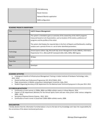 IPv6 Addressing
Router Services
Network Monitor application
WAN configuration
ACADEMIC PROJECTS UNDERTAKEN
Title InfyTV Viewers Management
Description
The system is intended to give an overview of the viewership of the InfyTV programs
measured based on set of parameters, such as location of the visitors, preference of
programs and the profiles of the visitor.
The system shall display the required data in the form of Reports and Dashboards, enabling
analysis over a period of time or a set of other identified parameters.
Technology
Oracle Express Edition 10g, Microsoft SQL Server Management Studio 2008 R2, Informatica
PowerCenter 9.5.1, Microsoft BI Framework (SSIS, SSAS, SSRS), IBM Cognos.
Duration 20 days.
Team Size 7
Role Developer
ACADEMIC ACTIVITIES
 Undergone 8 months of Infrastructure Management Training in Indian Institute of Hardware Technology, India ,
2013 -2014.
 Oracle Certified Java Professional Programmer (ID: OC1173462), 2012.
 Paper presentation in Mobile computing in Kalasalingam University, India, 2012.
 Student Organizing Secretary of CSE department for the National Level Technical Symposium in the year 2011-2012.
CO CURICULLAR ACTIVITES
 Certification of merit winner in 2500m, 800m and 400m athletic events in Infosys Mysore, 2014.
 Captain of CSE department (Women) for the Annual Sports Event and won many prizes under various categories
2009 – 2013.
 Secretary of National Service Scheme , 2012- 2013
 Certification of merit runner in Zonal level 1500m 800m athletic events, 2008.
DECELARATION
I hereby declare that the information furnished above is true to the best of my knowledge and I bear the responsibility for
the correctness of the above mentioned particulars.
Espoo Abinaya Shanmuganathan
 