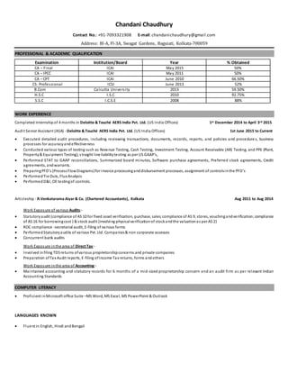 Chandani Chaudhury
Contact No.: +91-7093321908 E-mail: chandanichaudhury@gmail.com
Address: Bl-A, Fl-3A, Swagat Gardens, Baguiati, Kolkata-700059
PROFESSIONAL & ACADEMIC QUALIFICATION
Examination Institution/Board Year % Obtained
CA – Final ICAI May 2015 50%
CA – IPCC ICAI May 2011 50%
CA – CPT ICAI June 2010 66.50%
CS- Professional ICSI June 2013 52%
B.Com Calcutta University 2013 59.50%
H.S.C I.S.C 2010 92.75%
S.S.C I.C.S.E 2008 88%
WORK EXPERIENCE
Completed Internshipof 4 months in Deloitte &Touché AERS India Pvt. Ltd. (US India Offices) 1st December 2014 to April 3rd 2015
Audit Senior Assistant (ASA) - Deloitte &Touché AERS India Pvt. Ltd. (US India Offices) 1st June 2015 to Current
 Executed detailed audit procedures, including reviewing transactions, documents, records, reports, and policies and procedures, business
processes for accuracyandeffectiveness
 Conducted various types of testing such as Revenue Testing, Cash Testing, Investment Testing, Account Receivable (AR) Testing, and PPE (Plant,
Property& Equipment Testing), straight line liabilitytesting as per US GAAP’s,
 Performed STAT to GAAP reconciliations, Summarized board minutes, Software purchase agreements, Preferred stock agreements, Credit
agreements, andwarrants.
 PreparingPFD’s (ProcessFlowDiagrams)for invoice processinganddisbursement processes, assignment of controlsinthe PFD’s
 PerformedTie Outs, Flux Analysis
 PerformedD&I, OE testingof controls.
Articleship - R.Venkatarama Aiyar & Co. (Chartered Accountants), Kolkata Aug 2011 to Aug 2014
Work Exposure of various Audits:-
 Statutoryaudit (compliance of AS 10 for fixed asset verification, purchase, sales;compliance of AS 9, stores, vouchingandverification;compliance
of AS 16 for borrowingcost ) & stock audit (involving physicalverification of stockandthe valuationas per AS 2)
 ROC compliance -secretarial audit, E-filing of various forms
 Performed Statutoryaudits of various Pvt. Ltd. Companies& non corporate assesses
 Concurrent bank audits
Work Exposure inthe area of Direct Tax:-
 Involved infiling TDSreturns ofvarious proprietorshipconcerns and private companies
 Preparation ofTax Audit reports, E-filing ofIncome Tax returns, forms andothers
Work Exposure inthe area of Accounting:-
 Maintained accounting and statutory records for 6 months of a mid-sized proprietorship concern and an audit firm as per relevant Indian
Accounting Standards
COMPUTER LITERACY
 Proficient inMicrosoft office Suite –MS Word, MS Excel, MS PowerPoint & Outlook
LANGUAGES KNOWN
 Fluent in English, Hindi andBengali
 