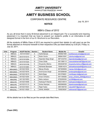 AMITY UNIVERSITY
                                                  UTTAR PRADESH

                               AMITY BUSINESS SCHOOL
                                     CORPORATE RESOURCE CENTRE
                                                                                                  July 18, 2011
                                                        NOTICE


                                                MBA’s Class of 2012
      As you all know that in every B-School placement is an integral part. For a successful and meaning
      placement it is important that we have to present our student’s profile in an informative & well
      designed format in the form of our E- Brochure to our Recruiters.

      All the students of MBAs Class of 2012 are required to submit their details (in soft copy) as per the
      format attached on Amizone herewith to their respective CRs (as listed below) by 5.00 pm, Friday i.e.
      July 22, 2011.

S.No      Program     AUUP Roll No    Section         Student Name        Mobile No                 Emailid
  1       MBA(G)      A0101910037       A        Kartik Bansal           9650821684   kartikbansal.amity@gmail.com
 2         MBA(G)     A0101910315        B       Robin Hurria            9899410047   robinhurria@gmail.com
 3         MBA(G)     A0101910294        C       Dapinder Deep Singh     9871233753   dapinderdeep@gmail.com
 4         MBA(G)     A0101910324        D       Charu Dutta             9811566113   charuduttsharma87@gmail.com
 5         MBA(G)     A0101910106        E       Divyanshu Mishra        9654048728   divyanshumishra.niff@gmail.com
 6         MBA(G)     A0101910083        F       Abhishek Banerjee       7838514218   abhisekbanerjee84@yahoo.co.in
 7       MBA(M&S)     A0102210034        A       Manas Shukla            9873009949   manas.rhtdm@gmail.com
 8       MBA(M&S)     A0102210076        B       Amit Kumar Singh        9910096456   amitsinghbba@gmail.com
 9       MBA(M&S)     A0102210019        C       Mohit Bajaj             9810708951   mohitbajaj.mb@gmail.com
 10      MBA(M&S)     A0102210204        D       Aman Chhabra            9911394065   aman_chhabra_0004@yahoo.in
 11       MBA(RM)     A0116210003        A       Neha Jackson            8750290363   nj.0389@gmail.com
 12       MBA(HR)     A0102310008        A       Kashyap R Narola        9953149414   kashyapnarla@gmail.com
 13       MBA(HR)     A0102310115        B       Dinkar Nautiyal         8800969065   dipeshmeister@gmail.com
 14       MBA(HR)     A0102310023        C       Rajat Yadav             9891390720   nature0077@gmail.com
 15      MBA(E&L)     A0102110020        A       SAHIL NANDA             7838236367   sahilnanda73@gmail.com




      All the details has to be filled as per the sample data filled there.




      (Team CRC)
 