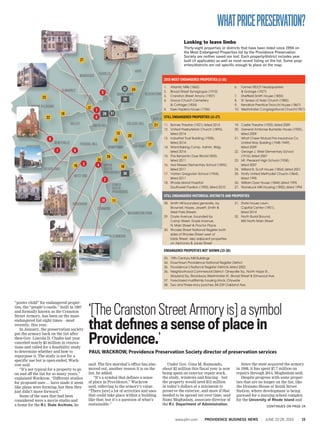 www.pbn.com | PROVIDENCE BUSINESS NEWS | JUNE 22-28, 2015 | 15
WHATPRICEPRESERVATION?
“poster child” for endangered proper-
ties, the “people’s castle,” built in 1907
and formally known as the Cranston
Street Armory, has been on the most-
endangered list eight times – most
recently, this year.
In January, the preservation society
put the armory back on the list after
then-Gov. Lincoln D. Chafee last year
canceled nearly $3 million in renova-
tions and called for a feasibility study
to determine whether and how to
repurpose it. The study is not for a
specific use but is open-ended, Wack-
row said.
“It’s not typical for a property to go
on and off the list for so many years,”
explained Wackrow. “Different studies
for proposed uses … have made it seem
like plans were forming, but then they
just didn’t move forward.”
Some of the uses that had been
considered were a movie studio and
a home for the R.I. State Archives, he
said. The fire marshal’s office has also
moved out, another reason it is on the
list, he added.
“It’s a symbol that defines a sense
of place in Providence,” Wackrow
said, referring to the armory’s value.
“There [are] a lot of activities and uses
that could take place within a building
like that; but it’s a question of what’s
sustainable.”
Under Gov. Gina M. Raimondo,
about $2 million this fiscal year is now
being spent on exterior repair work,
the study, windows and fencing – but
the property would need $12 million
in today’s dollars at a minimum to
preserve the exterior, and more if that
needed to be spread out over time, said
Nami Moghadam, associate director of
the R.I. Department of Administration.
Since the state acquired the armory
in 1998, it has spent $7.7 million on
repairs through 2014, Moghadam said.
Despite progress with some proper-
ties that are no longer on the list, like
the Dynamo House at South Street
Station, where development is being
pursued for a nursing school complex
for the University of Rhode Island and
‘[The Cranston Street Armory is] a symbol
that defines a sense of place in
Providence.’
PAUL WACKROW, Providence Preservation Society director of preservation services
Looking to leave limbo
Thirty-eight properties or districts that have been listed since 1994 on
the Most Endangered Properties list by the Providence Preservation
Society are neither saved nor lost. Each property/district includes year
built (if applicable) as well as most recent listing on the list. Some prop-
erties/districts are not specific enough to place on the map.
2015 MOST ENDANGERED PROPERTIES (1-10)
STILL ENDANGERED PROPERTIES (11-27)
STILL ENDANGERED HISTORICAL DISTRICTS AND PROPERTIES
33.	 19th Century Mill Buildings
34.	 Downtown Providence National Register District
35.	 Providence’s National Register Districts, listed 2003
36.	 Neighborhood Commercial District: Olneyville Sq., North Hope St.,
	 Wayland Sq., Broadway,Westminster St., Broad Street & Elmwood Ave.
37.	 Foreclosed multifamily housing stock, Citywide
38.	 Two and three-story porches, 84-239 Oakland Ave.
ENDANGERED PROPERTIES NOT SHOWN (33-38)
11.	 Bomes Theatre (1921), listed 2014
12.	 United Presbyterian Church (1895),
	 listed 2014
13.	 Industrial Trust Building (1928),
	 listed 2014
14.	 Ward Baking Comp. Admin. Bldg.
	 listed 2014
15.	 The Benjamin Dyer Block(1820),
	 listed 2011
16.	 Asa Messer Elementary School (1892),
	 listed 2011
17.	 Vartan Gregorian School (1954),
	 listed 2011
18.	 Rhode Island Hospital
	 Southwest Pavilion (1900), listed 2010
19.	 Castle Theatre (1925), listed 2009
20.	 General Ambrose Burnside House (1925),
	 listed 2009
21.	 What Cheer Mutual Fire Insurance Co.
	 United Way Building (1948-1949),
	 listed 2009
22.	 George J. West Elementary School
	 (1916), listed 2007
23.	 Mt. Pleasant High School (1938),
	 listed 2007
24.	 Willard B. Scott House (1854), listed 2001
25.	 Trinity United Methodist Church (1864),
	 listed 1995
26.	 William Dyer House (1844), listed 1995
27.	 Wanskuck Mill Housing (1850), listed 1994
1.	 Atlantic Mills (1863)
2.	 Broad Street Synagogue (1910)
3.	 Cranston Street Amory (1907)
4.	 Grace Church Cemetery
	 & Cottage (1834)
5.	 Esek Hopkins House (1756)
6.	 Former RIDOT Headquarters
	 & Garage (1927)
7.	 Sheffield Smith House (1855)
8.	 St.Teresa of Avila Church (1883)
9.	 Kendrick-Prentice-Tirocchi House (1867)
10.	 Westminster Congregational Church(1901)
28.	 Smith Hill bounded generally, by
	 Brownell, Hayes, Jewett, Smith &
	 West Park Streets
29.	 Doyle Avenue, bounded by
	 Camp Street, Doyle Avenue,
	 N. Main Street & Proctor Place
30.	 Rhodes Street National Register both
	 sides of Rhodes Street west of
	 Eddy Street, also adjacent properties
	 on Alphonso & Janes Street
31.	 State House Lawn,
	 Capital Center (1901),
	 listed 2014
32.	 North Burial Bround,
	 800 North Main Street
CONTINUES ON PAGE 24
 