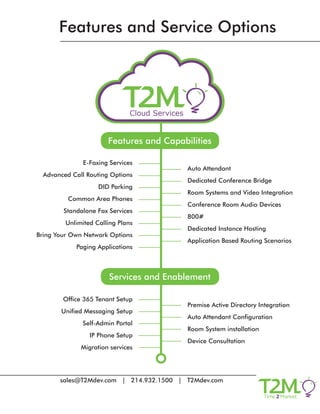 Features and Service Options
sales@T2Mdev.com | 214.932.1500 | T2Mdev.com
E-Faxing Services
Advanced Call Routing Options
DID Parking
Common Area Phones
Standalone Fax Services
Unlimited Calling Plans
Bring Your Own Network Options
Paging Applications
Office 365 Tenant Setup
Unified Messaging Setup
Self-Admin Portal
IP Phone Setup
Migration services
Auto Attendant
Dedicated Conference Bridge
Room Systems and Video Integration
Conference Room Audio Devices
800#
Dedicated Instance Hosting
Application Based Routing Scenarios
Premise Active Directory Integration
Auto Attendant Configuration
Room System installation
Device Consultation
Features and Capabilities
Services and Enablement
 