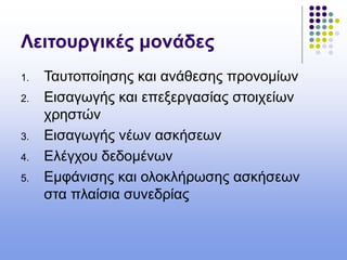 Λειτουργικές μονάδες
1. Ταυτοποίησης και ανάθεσης προνομίων
2. Εισαγωγής και επεξεργασίας στοιχείων
χρηστών
3. Εισαγωγής νέων ασκήσεων
4. Ελέγχου δεδομένων
5. Εμφάνισης και ολοκλήρωσης ασκήσεων
στα πλαίσια συνεδρίας
 