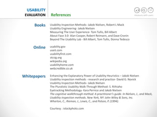 measure with users
USABILITY
EVALUATION
Usability Inspection Methods- Jakob Nielsen, Robert L Mack
Usability Engineering- Jakob Nielsen
Measuring The User Experience- Tom Tullis, Bill Albert
About Face 3.0- Alan Cooper, Robert Reimann, and Dave Cronin
Beyond The Usability Lab - Bill Albert, Tom Tullis, Donna Tedesco
usability.gov
useit.com
usabilityfirst.com
stcsig.org
wikipedia.org
usabilityhome.com
webcredible.co.uk
Enhancing the Explanatory Power of Usability Heuristics – Jakob Nielsen
Usability inspection methods - research and practice- David G. Novick
Usability Inspection Methods- Jakob Nielsen
The Pluralistic Usability Walk-Through Method- S. Riihiaho
Eyetracking Methodology- Kara Pernice and Jakob Nielsen
The cognitive walkthrough method: A practitioner’s guide. In Nielsen, J., and Mack,
Usability inspection methods. New York, NY: John Wiley & Sons, Inc.
Wharton, C., Rieman, J., Lewis, C., and Polson, P. (1994).
Courtesy : istockphoto.com
Books
Online
Whitepapers
USABILITY
EVALUATION References
 